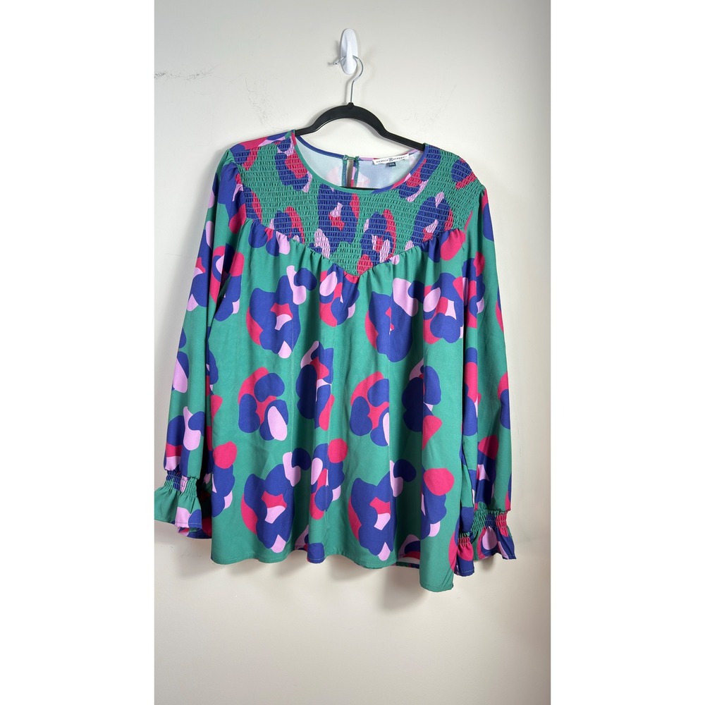 Michelle McDowell Blouse Green Floral Smocked Long Sleeve Women XXL